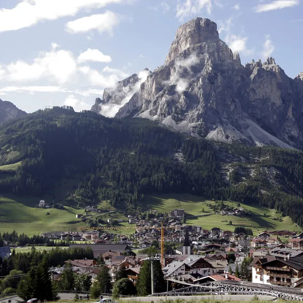 Corvara and the Sassongher seen from the Passo Campolongo road