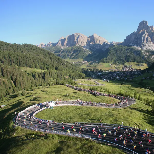 The Passo Campolongo road climbing from Corvara, facing the Sassongher