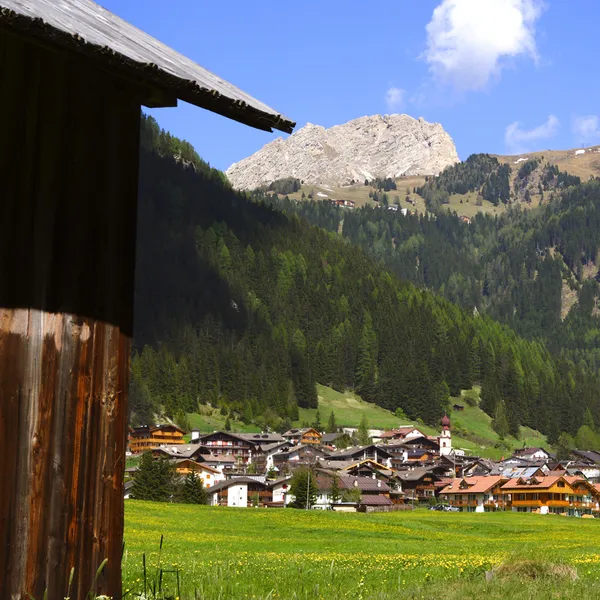 Canazei in the Val di Fassa, its roofs and church tower among green meadows, forest and a rocky summit behind, in summer