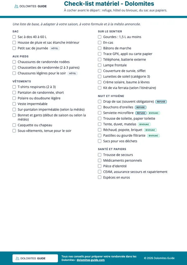 Aperçu de la check-list matériel au format PDF