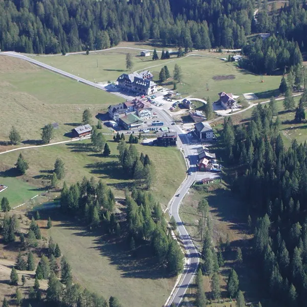Passo Costalunga and its road seen from above