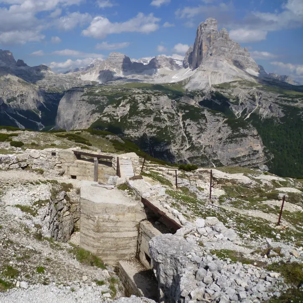 A restored dry-stone trench on the Monte Piana plateau, facing the Tre Cime