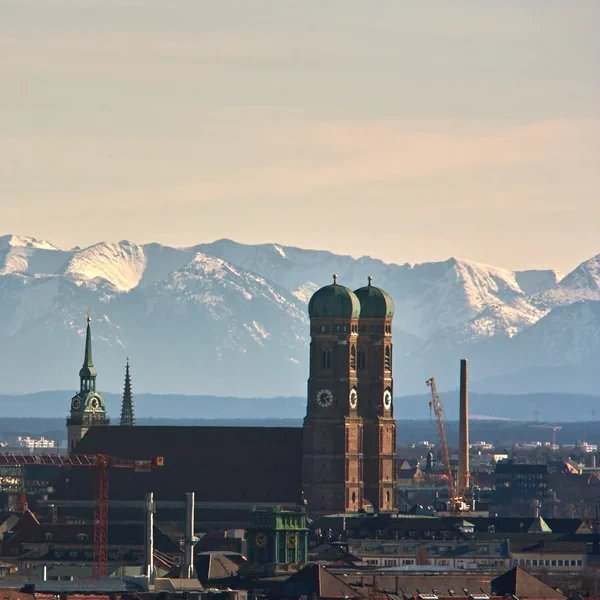 Panoramic view of Munich with the Bavarian Alps rising on the southern horizon