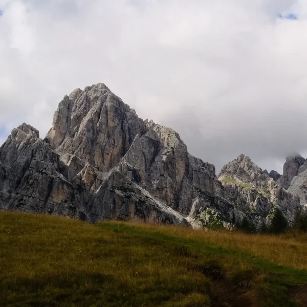 Les crêtes dolomitiques rugueuses au-dessus des alpages dorés près du Passo Duran