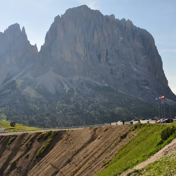 Passo Sella with the Sella Group walls rising to the north and the Sassolungo group to the south