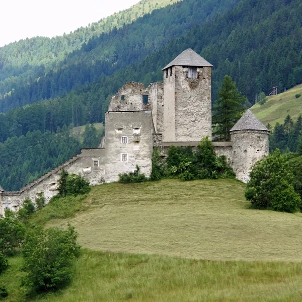 Medieval stone castle on a grassy hilltop surrounded by dense conifer forest in the Puster valley of South Tyrol