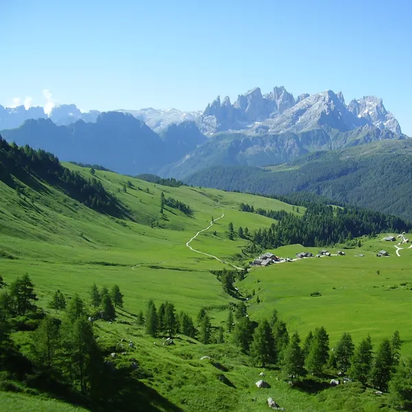 The Fuciade pastures below Passo San Pellegrino, with the Pale di San Martino on the horizon