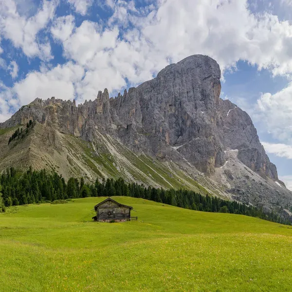 Pasture and wooden hut on the east side, below the Sass de Putia